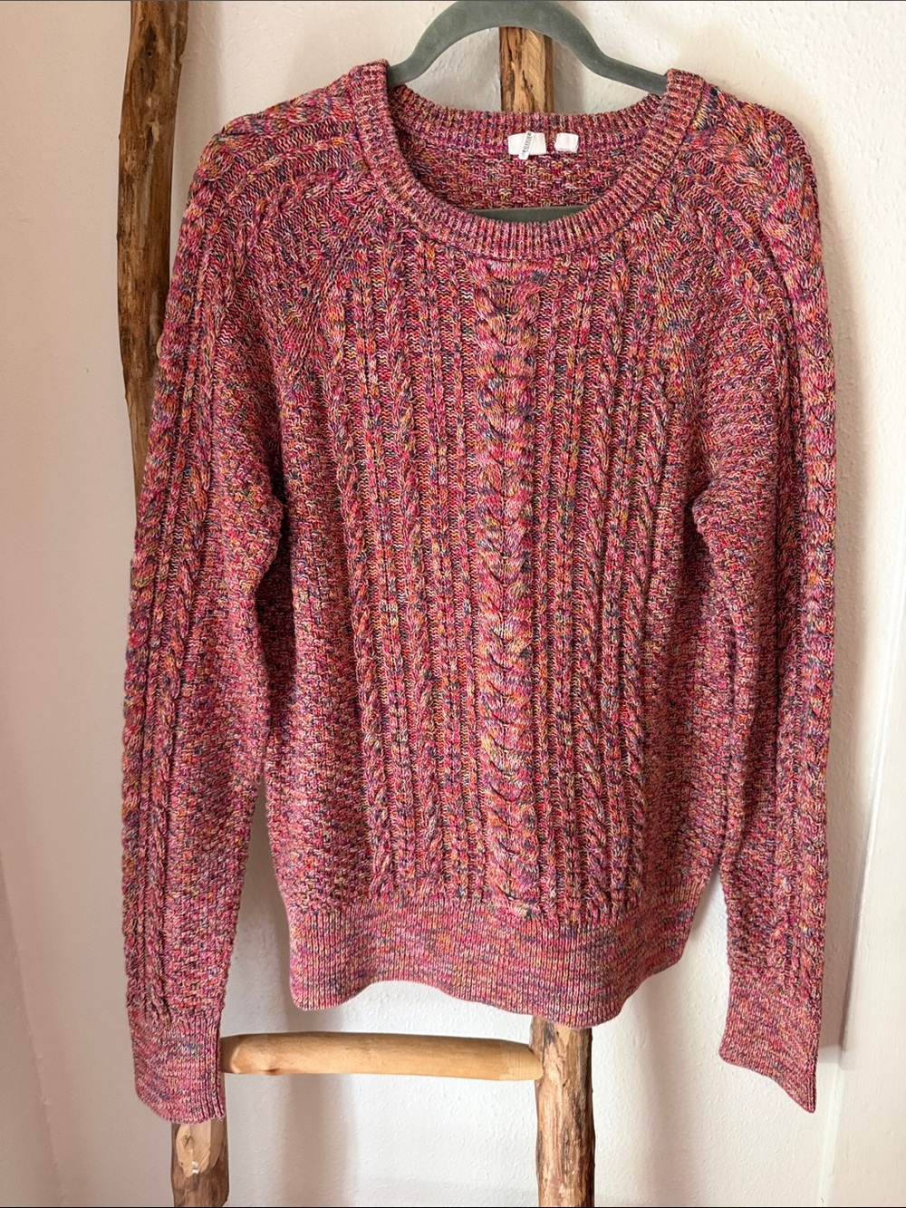 GAP For Good Multicolor Cable Knit CottonCrewneck Sweater Pink Blend L Tall